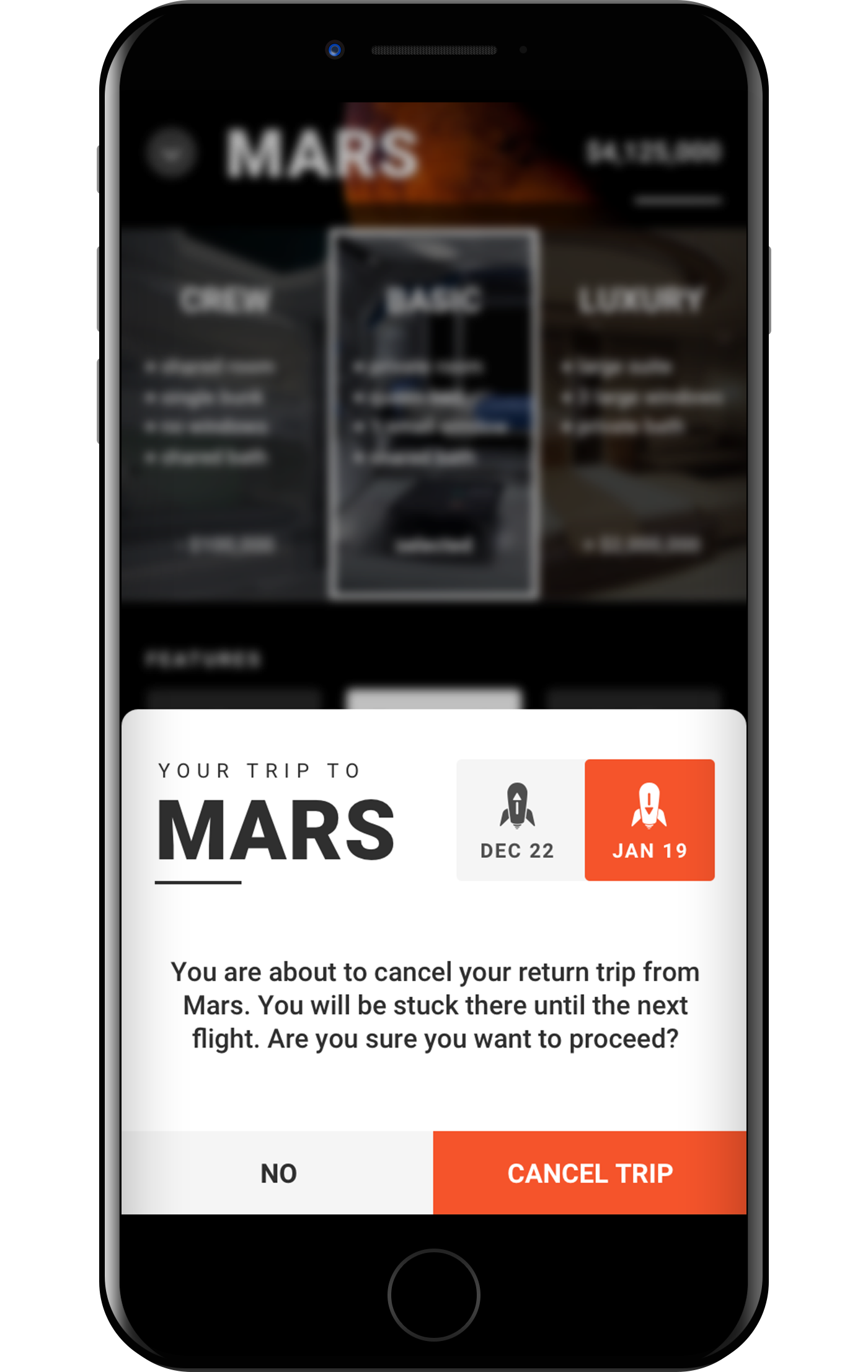 Mockup booking mars cancel fly